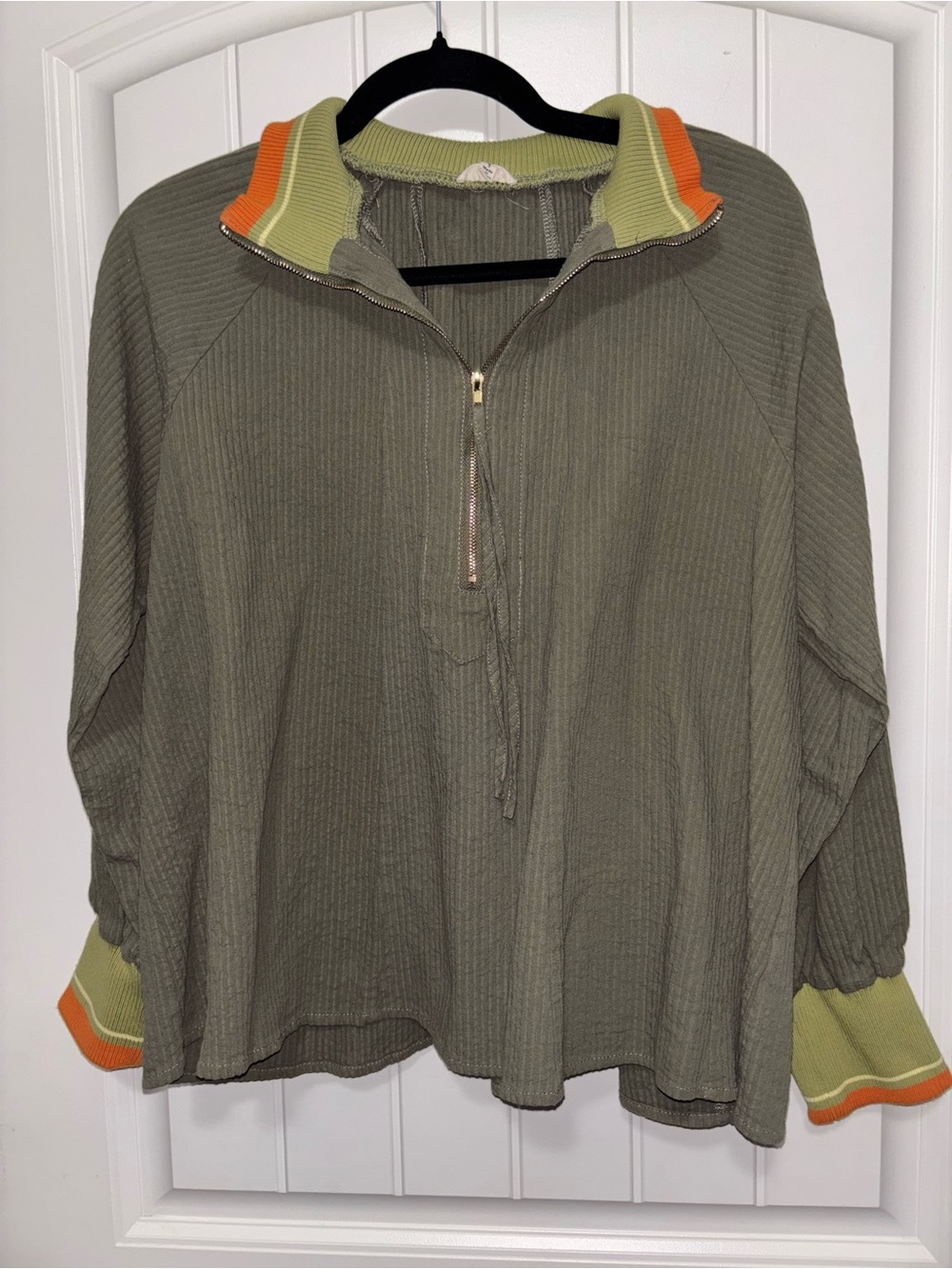 JODIFL Olive Green Waffle Quarter-Zip Pullover with Lime and Orange Trim